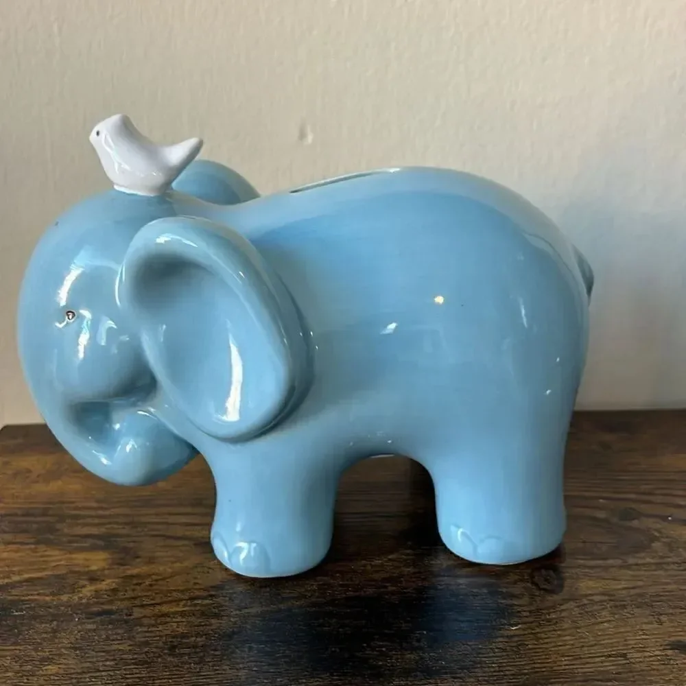 2013 POTTERY BARN KIDS BABAR THE ELEPHANT COIN PIGGY BANK WITH BLUE BIRD PB KIDS